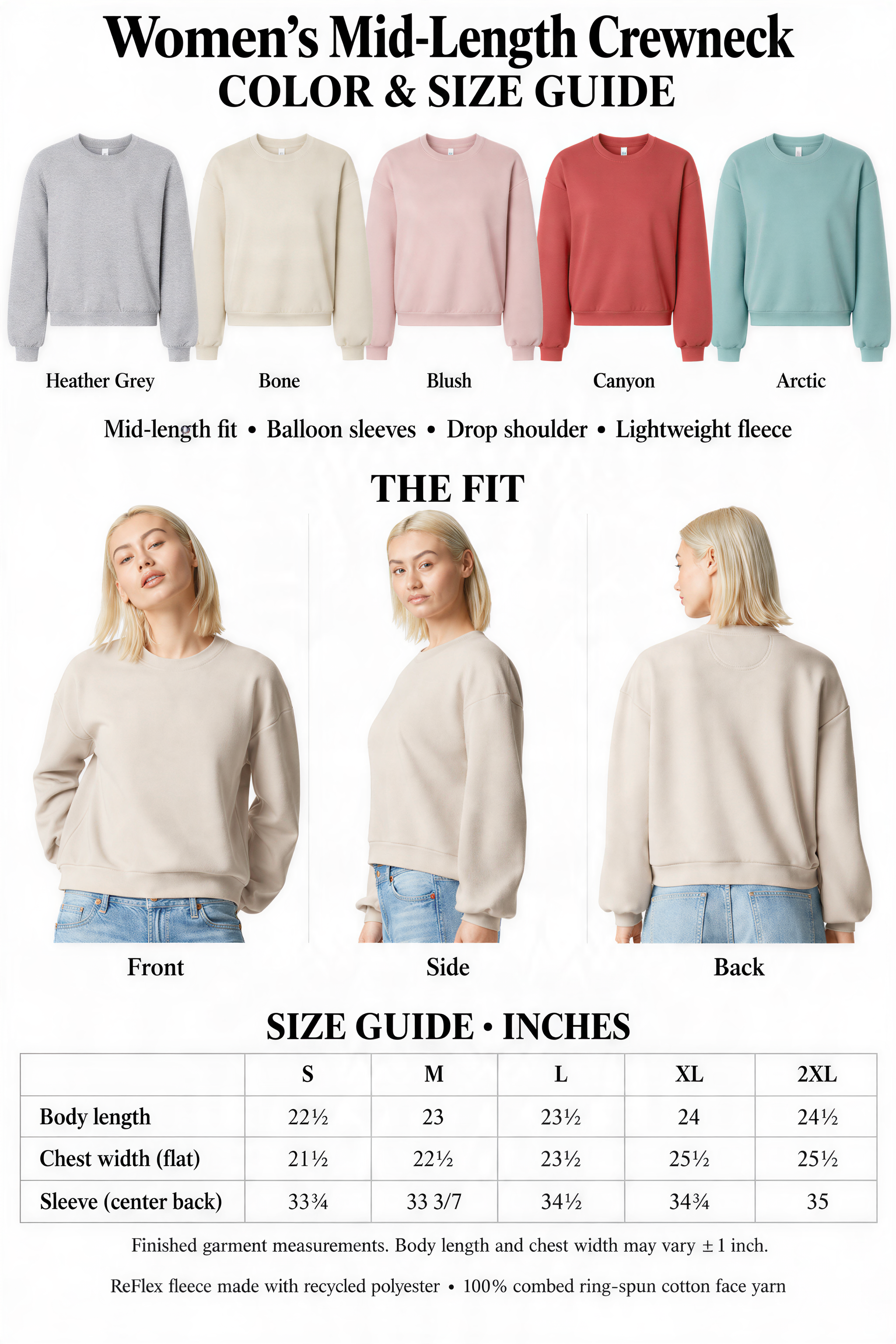 The image is a color and size guide for women's mid-length crew necks. It displays six different crew neck styles in various colors and sizes, along with corresponding measurements and descriptions.