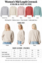 The image is a color and size guide for women's mid-length crew necks. It displays six different crew neck styles in various colors and sizes, along with corresponding measurements and descriptions.