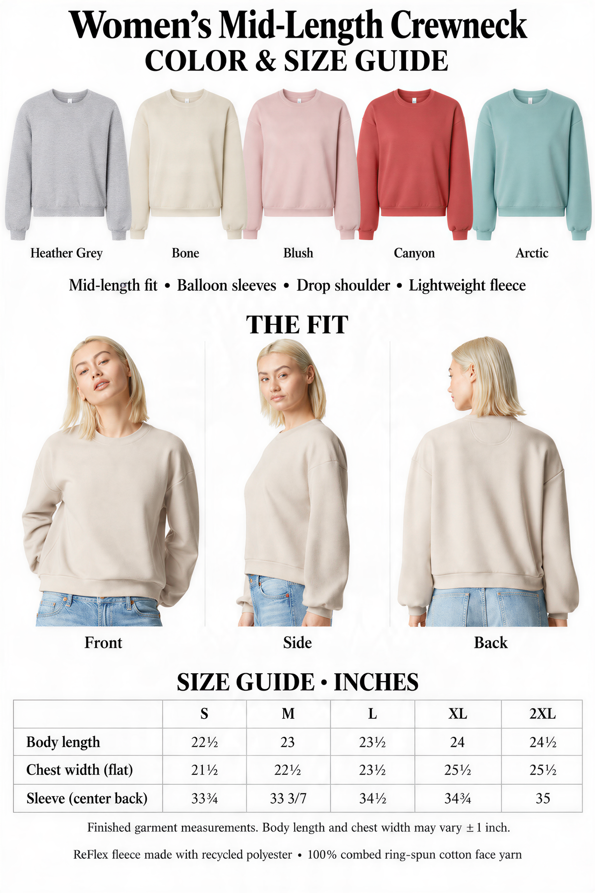 The image is a color and size guide for women's mid-length crew necks. It displays six different crew neck styles in various colors and sizes, along with corresponding measurements and descriptions.