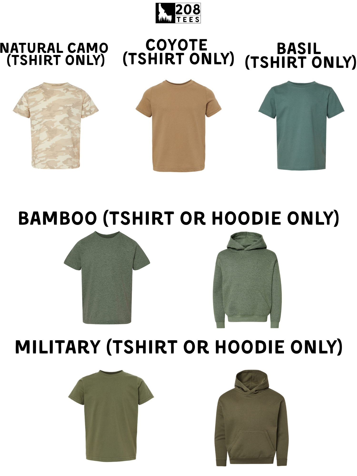 a collection of t-shirt designs, including a natural camo, a coyote, a basil, a bamboo, and a military t-shirt or hoodie.