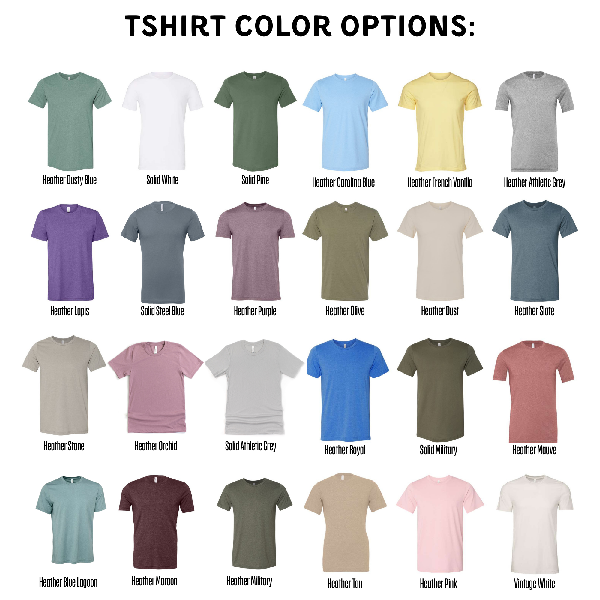 a collection of 16 different t-shirt designs, each with a unique color and style, arranged in a grid format.
