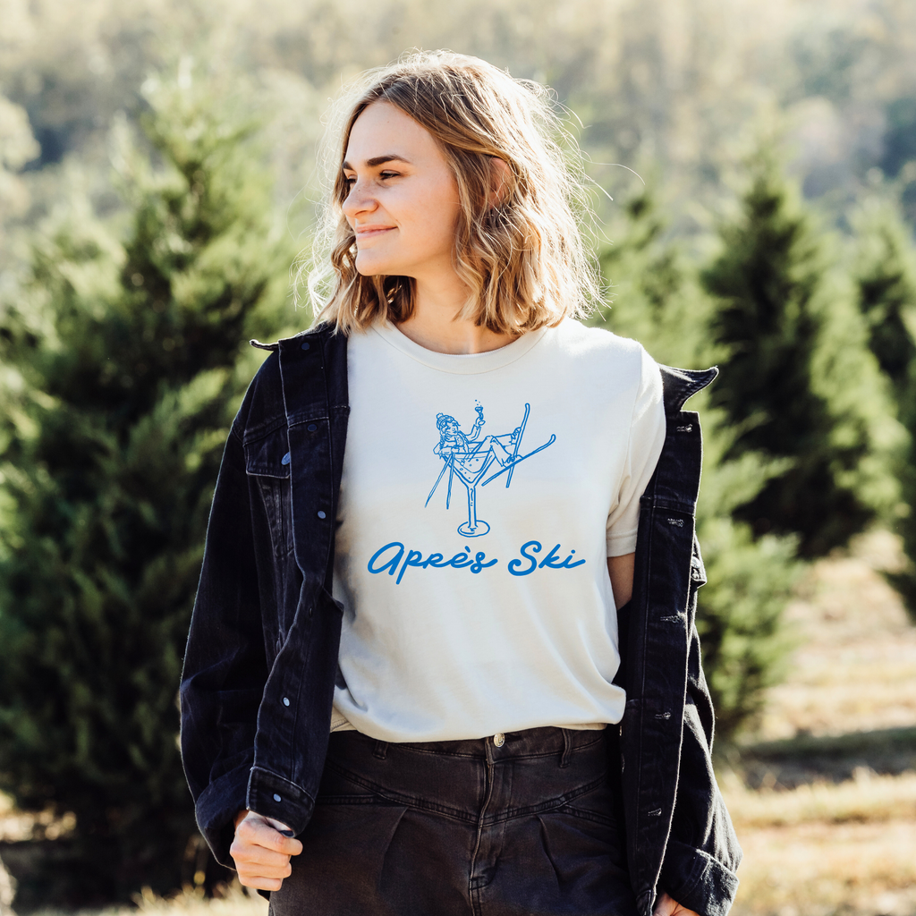 Après Ski shirt with vintage graphic of woman skier in martini glass
