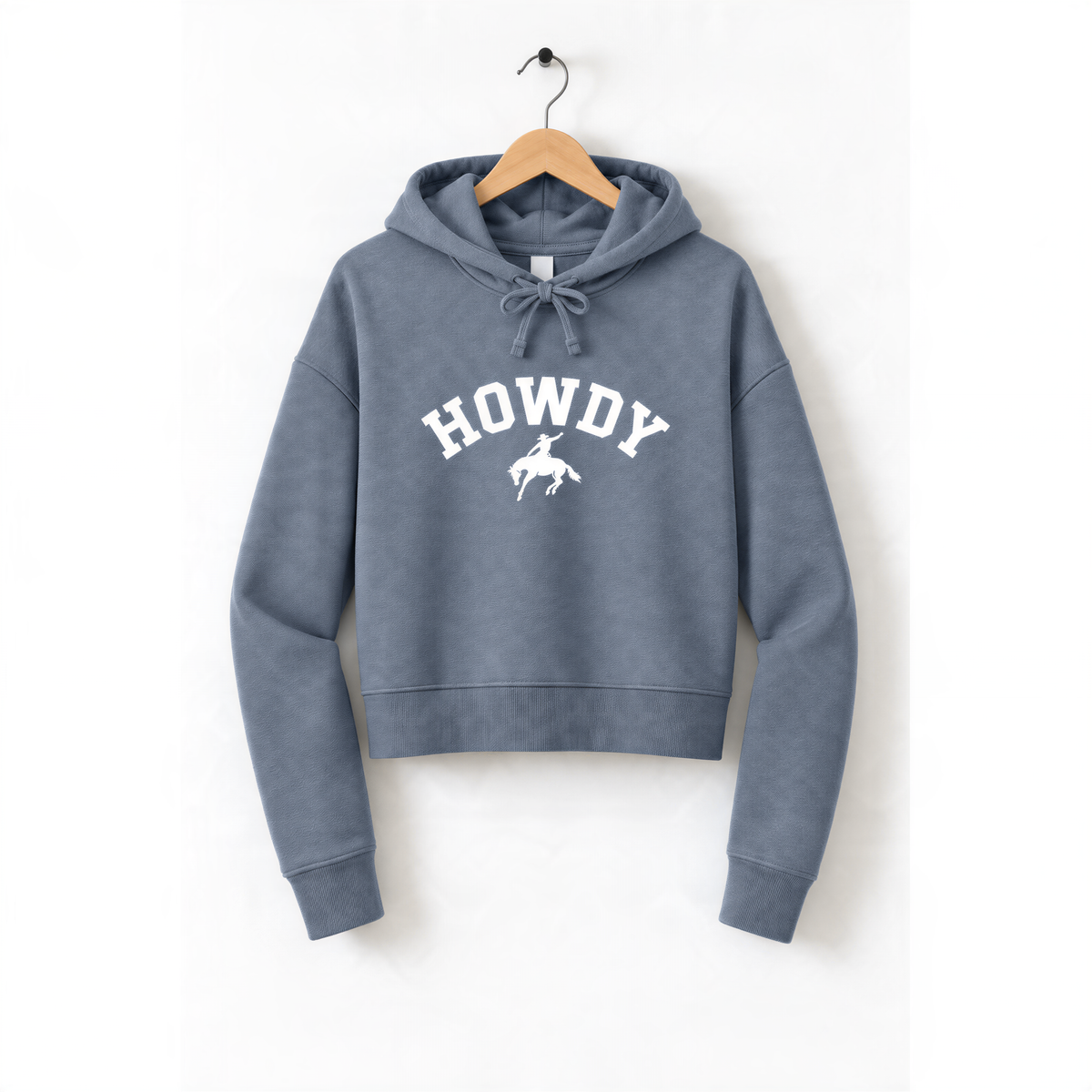 A gray hoodie with the word "HOWDY" printed on it, hanging on a wooden hanger.