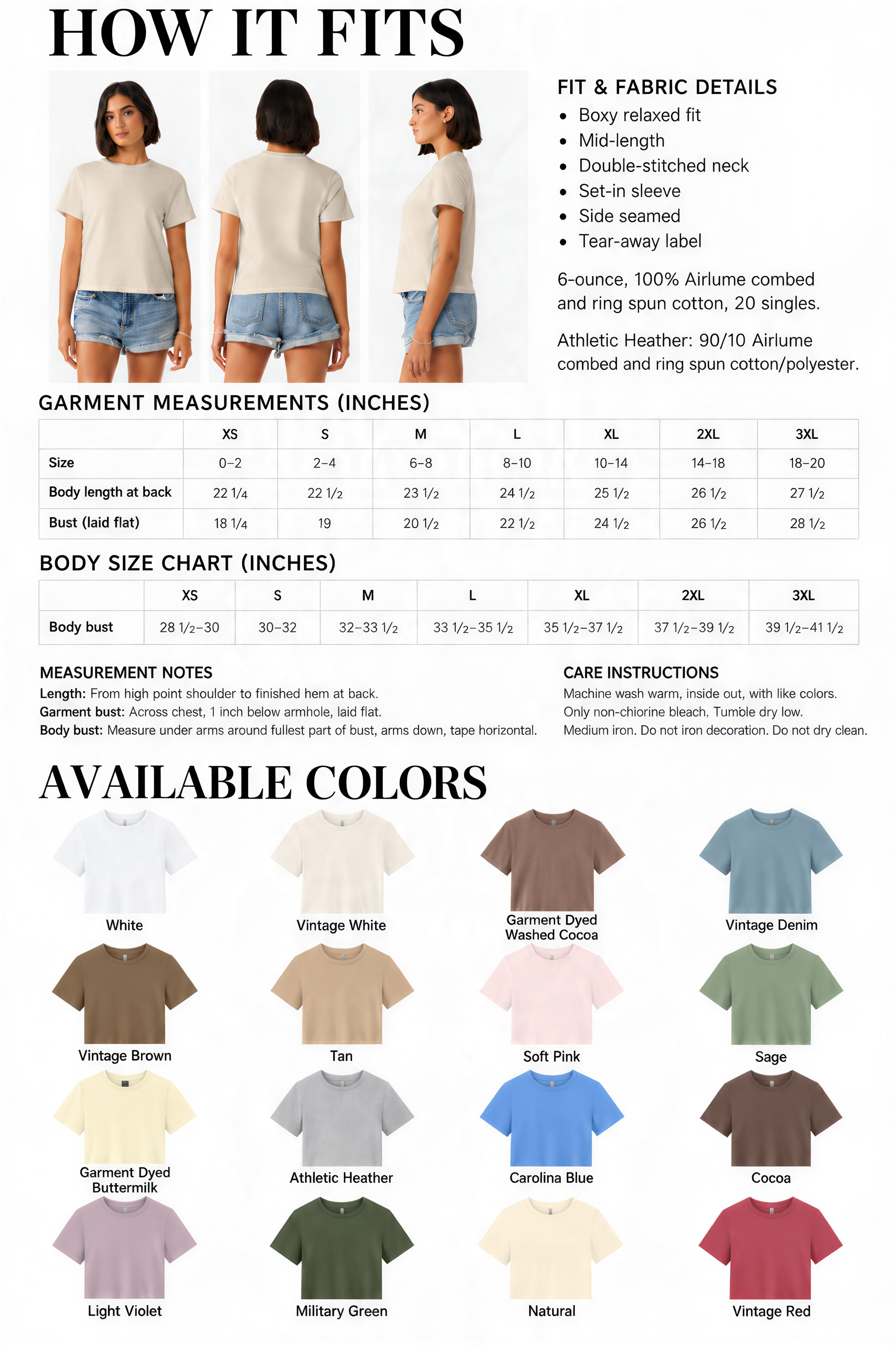 The image is a collage of various t-shirt designs, including different colors and styles, along with measurements and fit details.