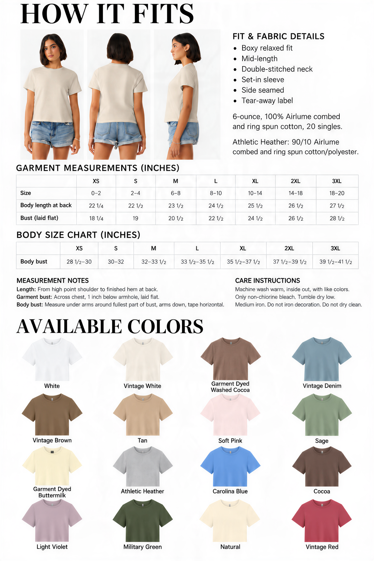 The image is a collage of various t-shirt designs, including different colors and styles, along with measurements and fit details.