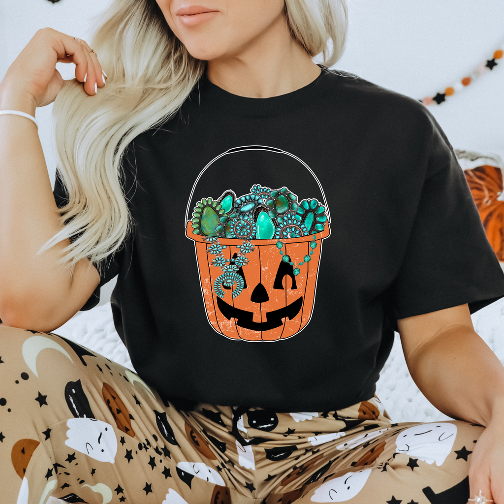 Western Halloween tee with jack-o’-lantern bucket filled with turquoise