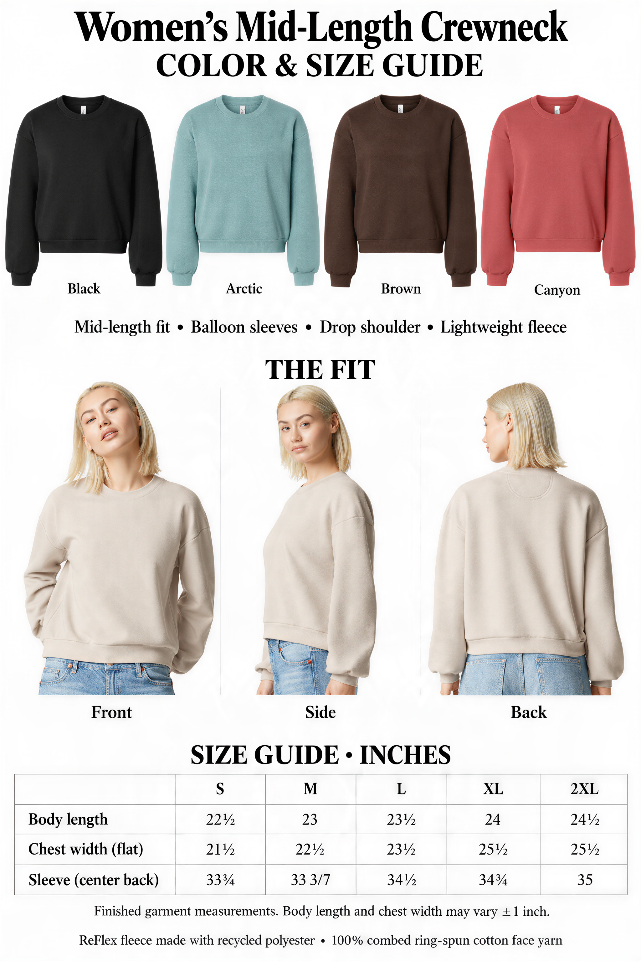 The image is a color and size guide for women's mid-length crew necks. It displays three different crew neck sweatshirts in various colors and sizes, along with a side-by-side comparison of the front and back views of the sweatshirts. The guide provides measurements and descriptions for each sweatshirt, including chest width, body length, sleeve width, and the type of fabric used.