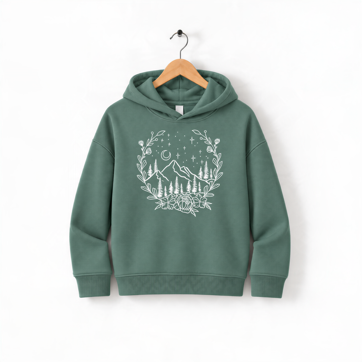 A green hoodie with a white floral design on the front, hanging on a wooden hanger.