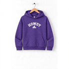 A purple hoodie with the word "HOWDY" printed on it, hanging on a wooden hanger.