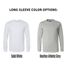 two long-sleeve t-shirts, one solid white and one Heather athletic grey, with text indicating the color options available.