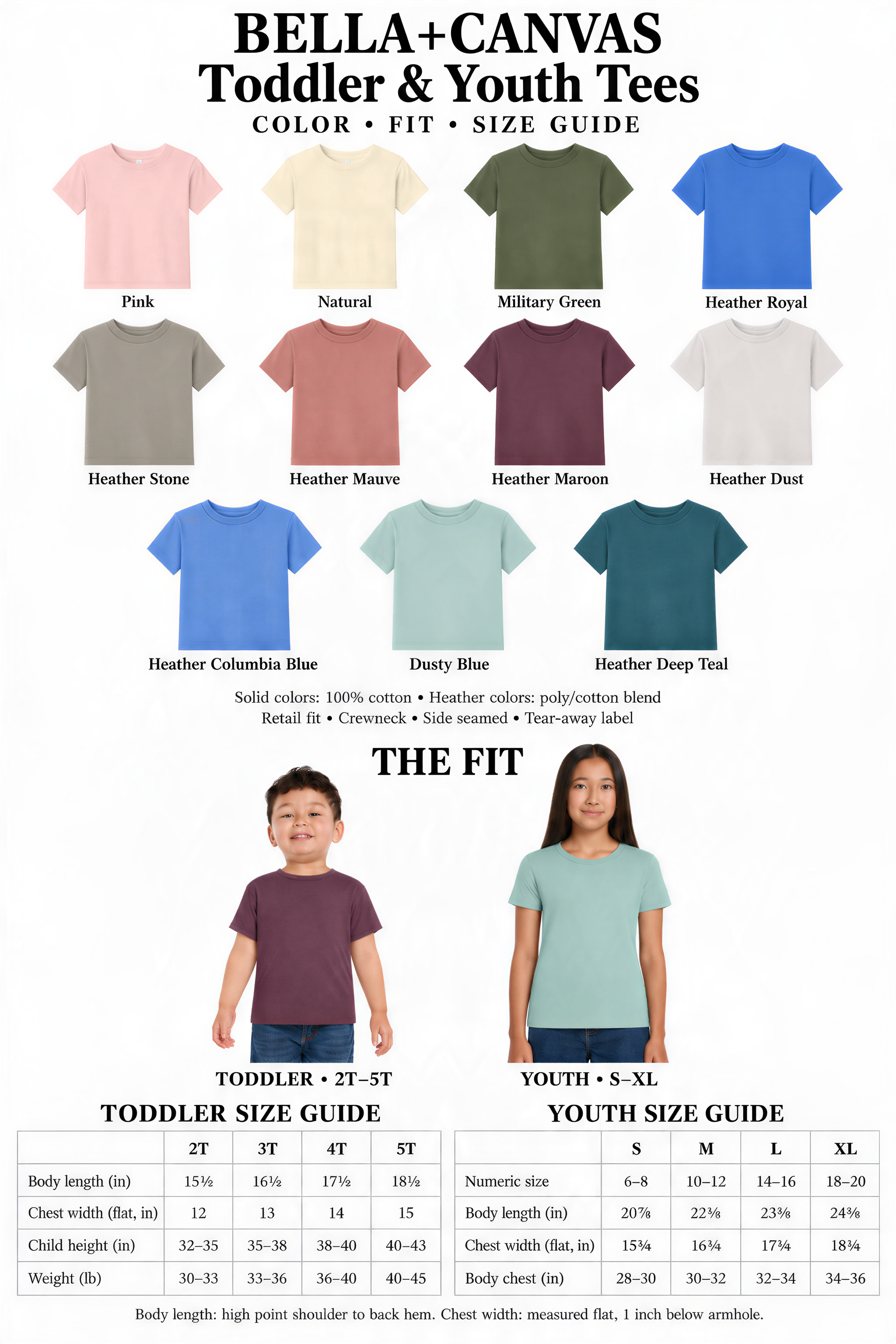 The image is a color, fit, and size guide for toddlers and youth tees. It displays a variety of t-shirt designs in different colors and sizes, along with corresponding fit and size recommendations for each age group.