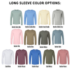 a collection of long-sleeve t-shirts in various colors, including solid white, heather duster blue, heather carolina blue, heather french vanilla, heather athlete's grey, heather olive, heather military, heather slate, heather pink, heather maroon, heather royal, and heather mule.