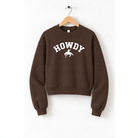 A brown sweatshirt with the word "HOWDY" printed on it, hanging on a wooden hanger.