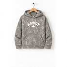 A camouflage-patterned hoodie with the word "HOWDY" printed on it, hanging on a wooden hanger.