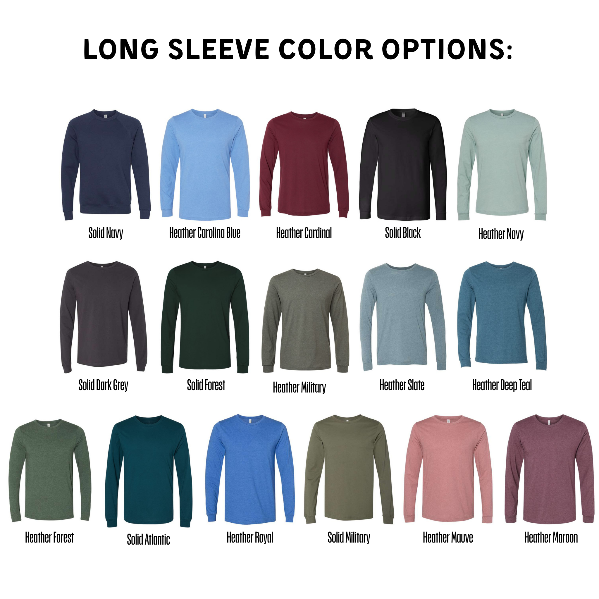 a collection of long sleeve shirts in various colors, including navy, burgundy, solid black, solid grey, forest, atomic, royal, military, and maroon.