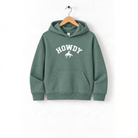 A green hoodie with the word "HOWDY" printed on it, hanging on a wooden hanger.