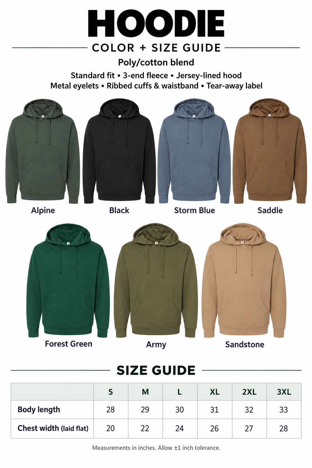 The image is a color and size guide for hoodies, displaying various color options and corresponding sizes.