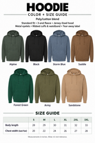 The image is a color and size guide for hoodies, displaying various color options and corresponding sizes.