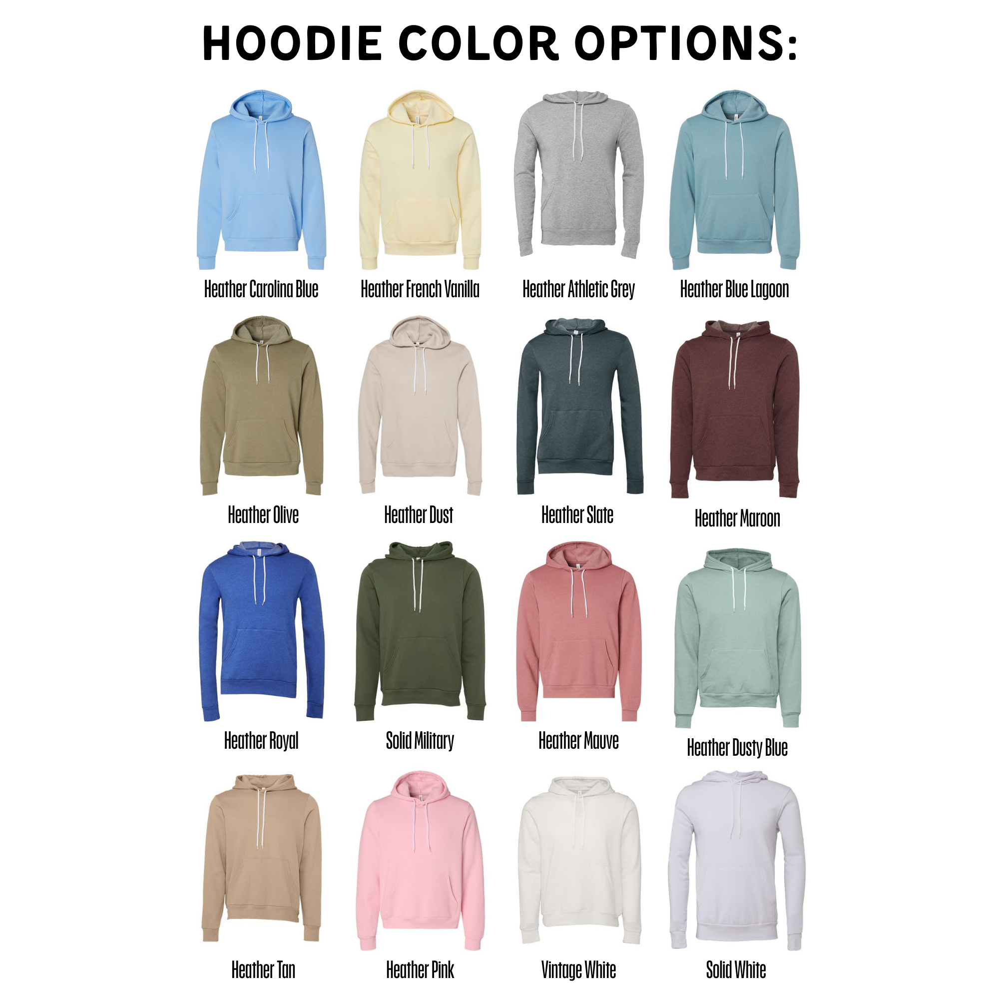 a collection of 16 hoodie designs in various colors, including blue, yellow, green, burgundy, olive, brown, pink, white, and gray.