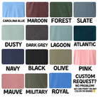 a grid of 16 different color swatches, each representing a different fabric or material. The swatches are labeled with the names of the colors, such as Carolina Blue, Maroon, Forest, Slate, Dusty, Dark Grey, Lagoon, Atlantic, Navy, Black, Olive, Pink, Custom Request?, and Mauve, Military, Royal.