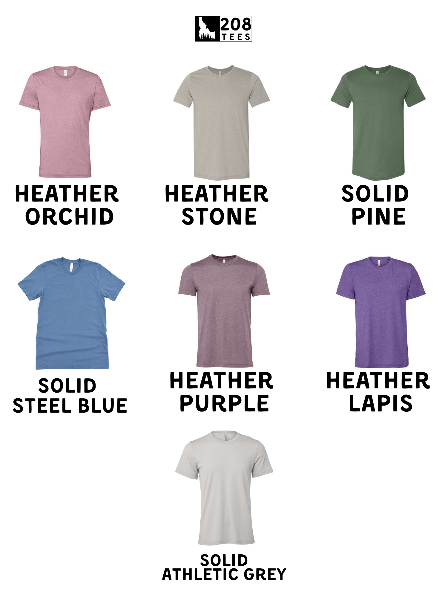 a collection of six different t-shirt designs, each with a unique color and style, arranged in a grid format.