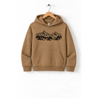 A beige hoodie with a graphic of mountains and trees printed on it, hanging on a wooden hanger.