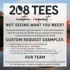 The image is a poster with a mountain landscape in the background. The poster contains text and examples of custom requests for shirts, indicating that the team is a husband and wife team who print every shirt themselves.
