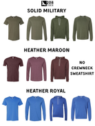 a collection of solid military t-shirts in various colors, including olive green, burgundy, maroon, and royal blue.