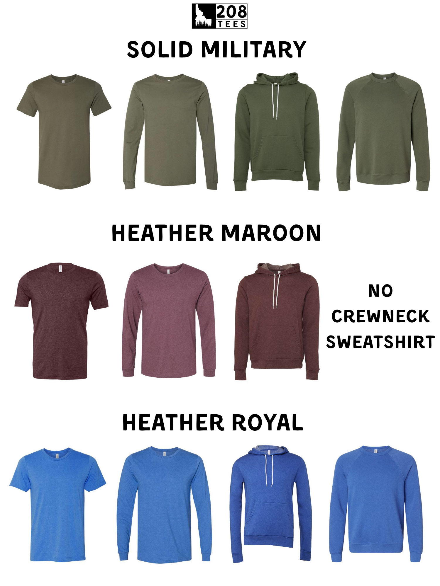 a collection of solid military t-shirts in various colors, including olive green, burgundy, maroon, and royal blue.