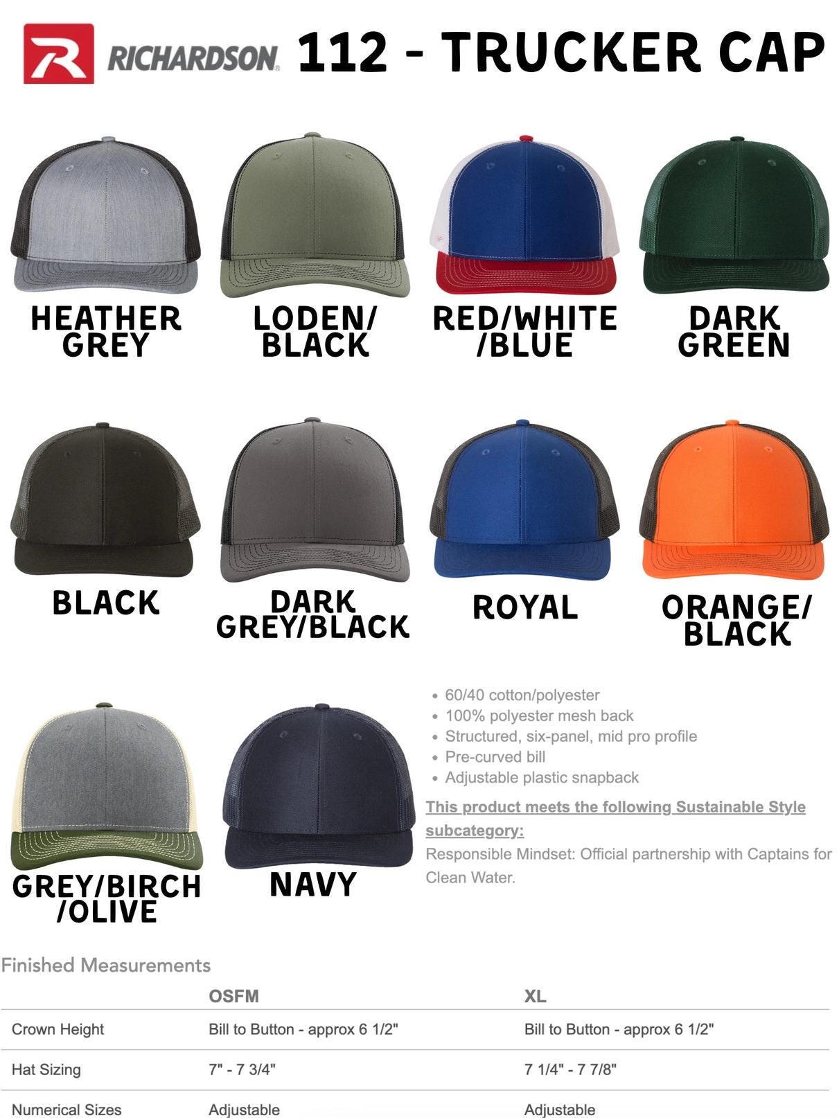 a collection of twelve different trucker caps in various colors and styles, including grey, black, red, green, navy, and orange.