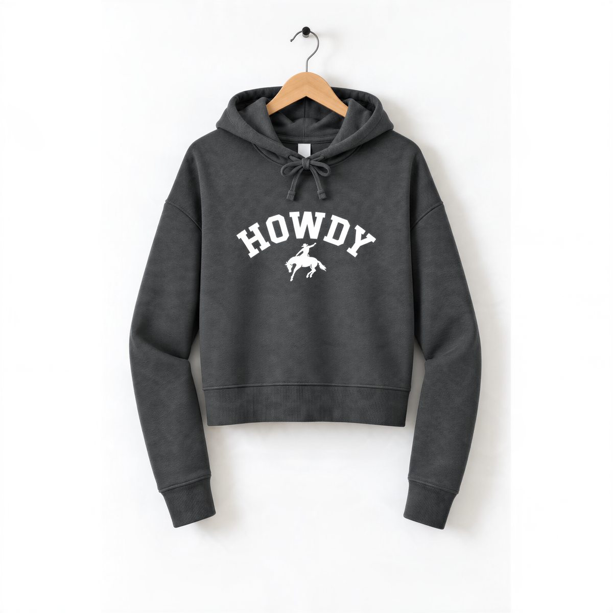 A gray hoodie with the word "HOWDY" printed on it, hanging on a wooden hanger.