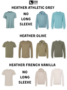 a collection of t-shirts in various colors and styles, including Heather Athletic Grey, Heather Olive, and Heather French Vanilla, with no long sleeve.