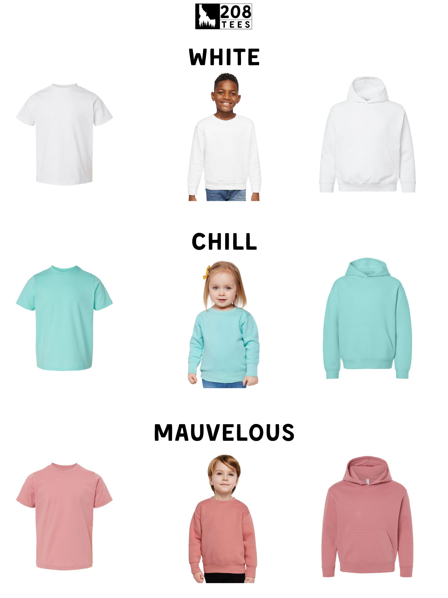 The image is a collage of various children's clothing items, including white t-shirts, white hoodies, and teal sweatshirts.