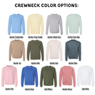 a collection of crew neck sweatshirts in various colors, including blue, yellow, green, gray, and pink.