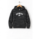 A black camouflage hoodie with the word "HOWDY" printed on it, hanging on a wooden hanger.