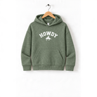 A green hoodie with the word "HOWDY" printed on it, hanging on a wooden hanger.