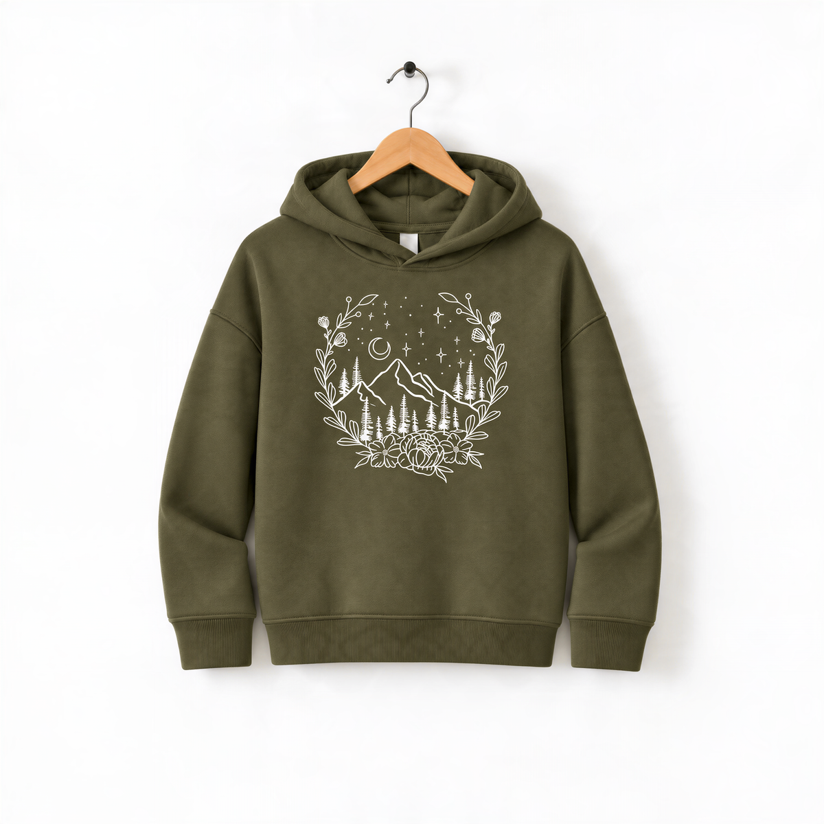 A green hoodie with a white floral design on the front, hanging on a wooden hanger against a white background.