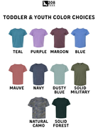 a collection of children's t-shirt designs in various colors, including teal, purple, maroon, blue, mauve, navy, dusty blue, solid military, natural camouflage, and solid forest.
