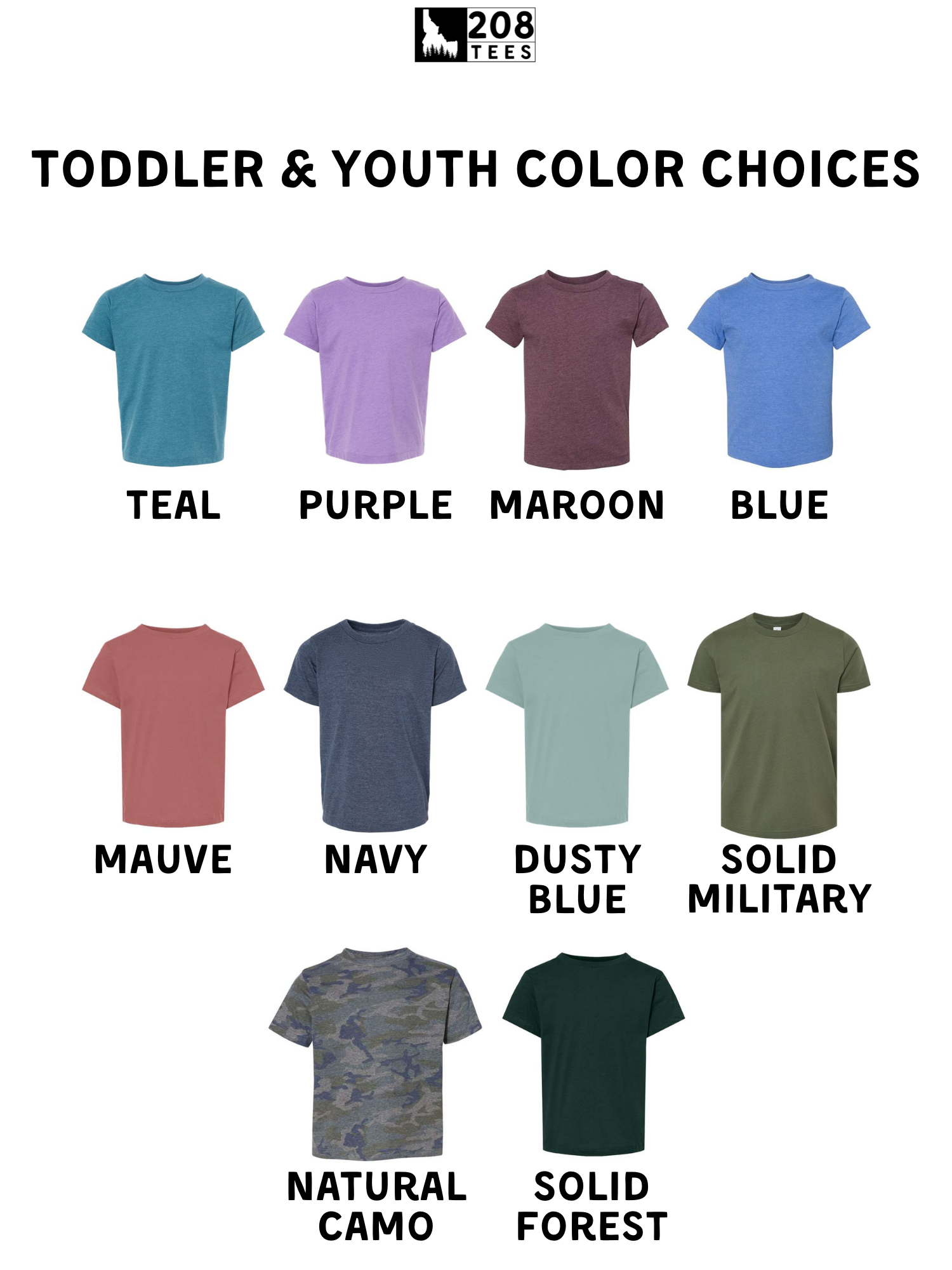 a collection of children's t-shirt designs in various colors, including teal, purple, maroon, blue, mauve, navy, dusty blue, solid military, natural camouflage, and solid forest.