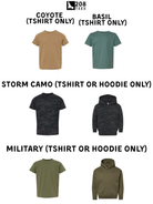 a variety of T-shirt and hoodie designs, including a coyote, a storm camo, a military, and a green hoodie, all with the text "T-SHIRT ONLY" indicating that they are not to be worn with other clothing items.