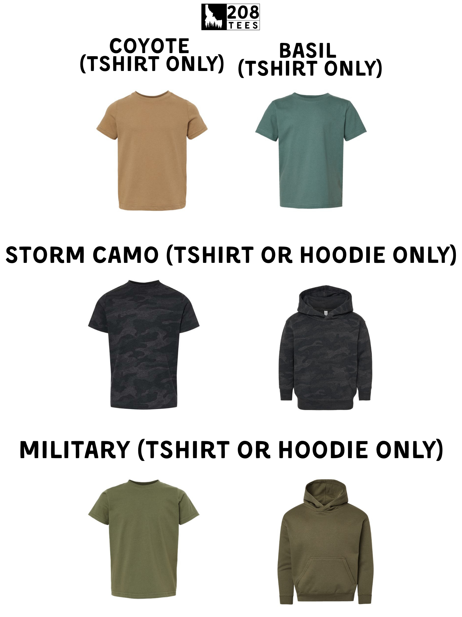 a variety of T-shirt and hoodie designs, including a coyote, a storm camo, a military, and a green hoodie, all with the text "T-SHIRT ONLY" indicating that they are not to be worn with other clothing items.