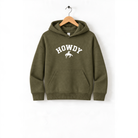 A green hoodie with the word "HOWDY" printed on it, hanging on a wooden hanger.