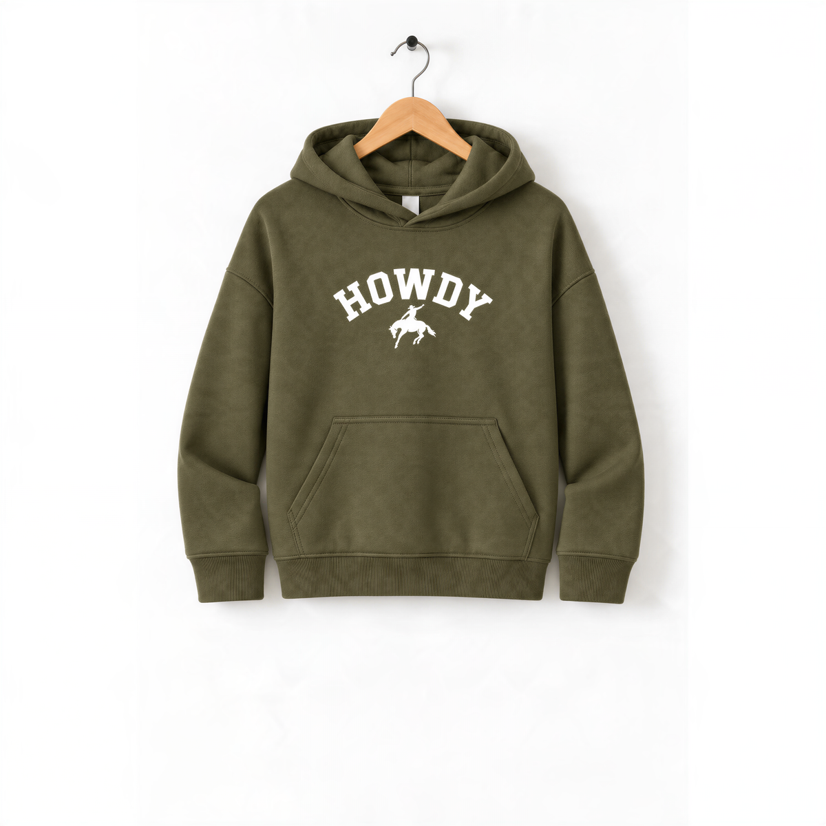 A green hoodie with the word "HOWDY" printed on it, hanging on a wooden hanger.