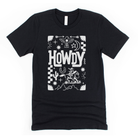 Black t-shirt with white graphic design and 'HOWDY' text on a white background