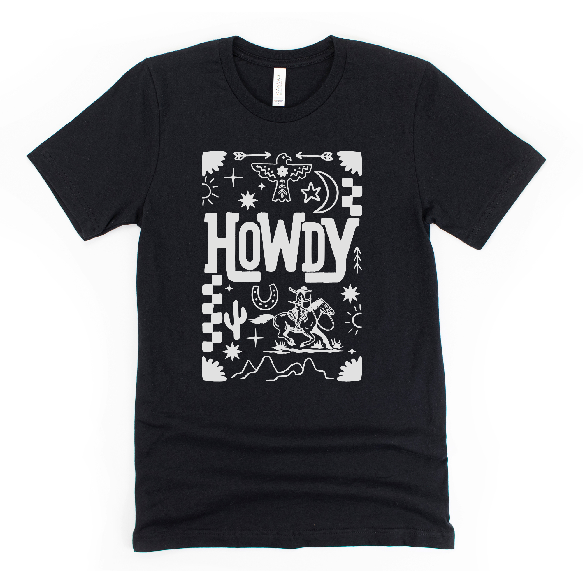Black t-shirt with white graphic design and 'HOWDY' text on a white background