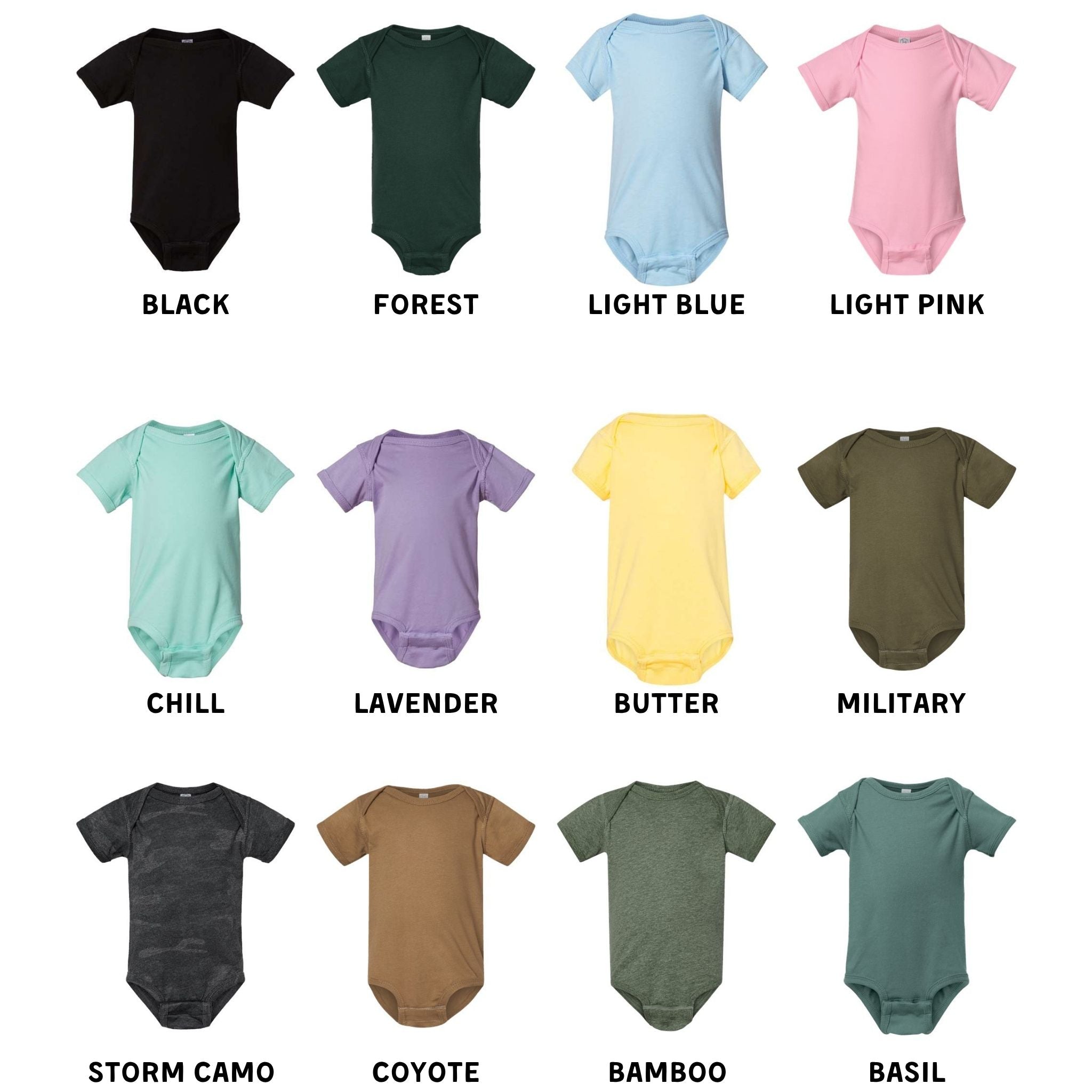 a collection of baby onesies in various colors, including black, forest, light blue, light pink, chill, lavender, butter, military, storm camo, coyote, bamboo, and basil.