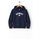 A navy blue hoodie with the word "HOWDY" printed on it, hanging on a wooden hanger.