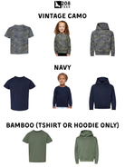 a variety of clothing items, including camouflage tops, navy tops, and bamboo tops, arranged in a grid format.
