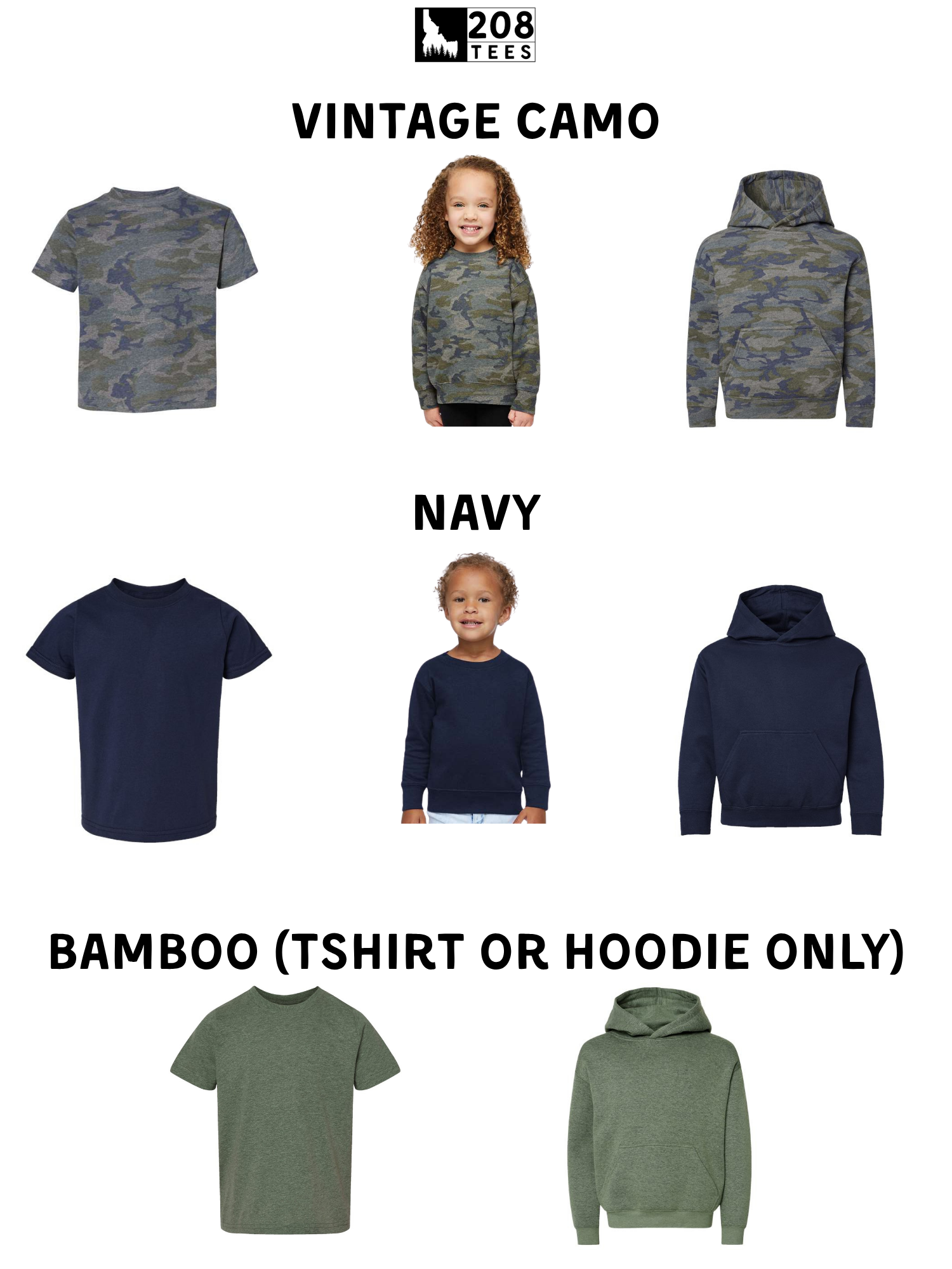a variety of clothing items, including camouflage tops, navy tops, and bamboo tops, arranged in a grid format.