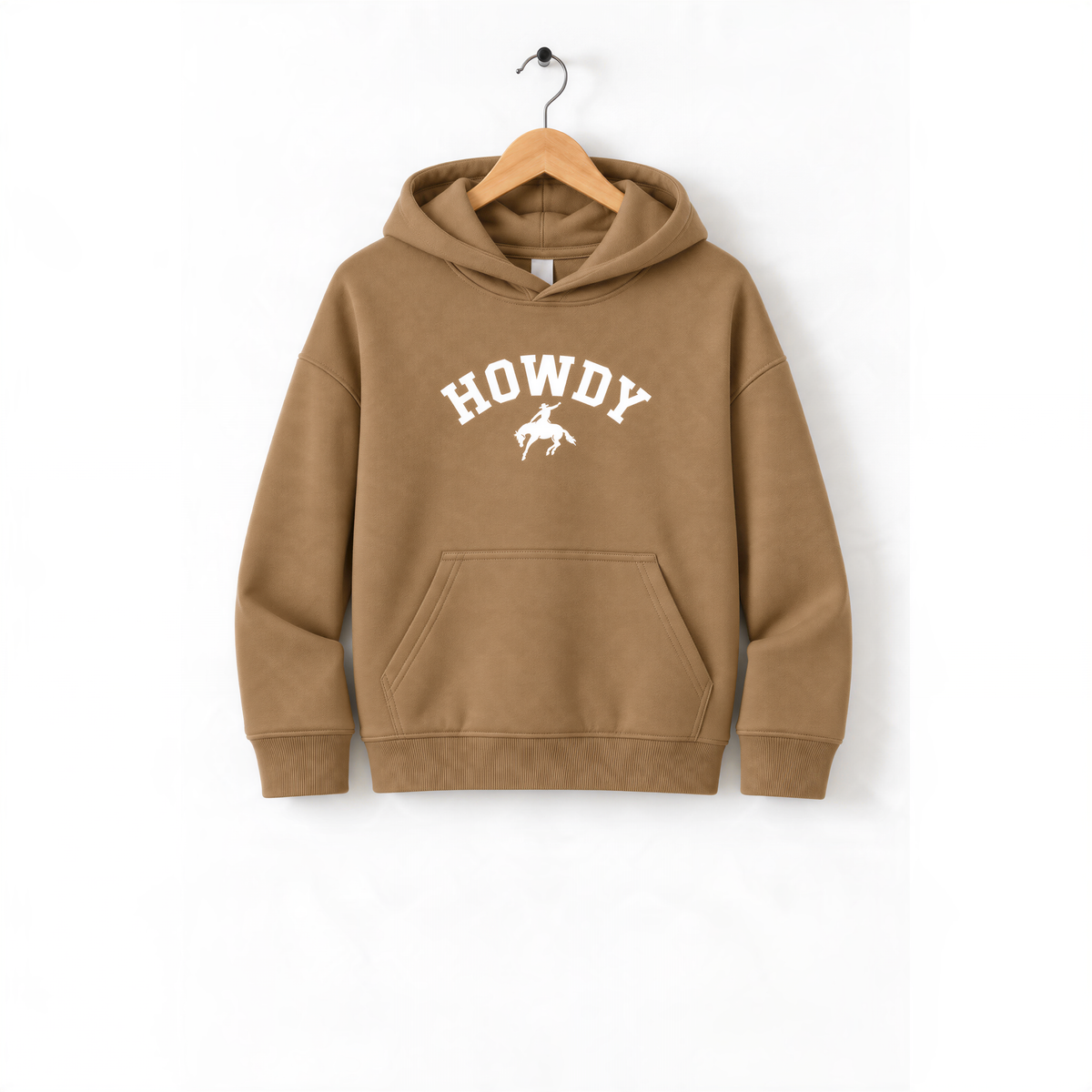 A brown hoodie with the word "HOWDY" printed on it, hanging on a wooden hanger.